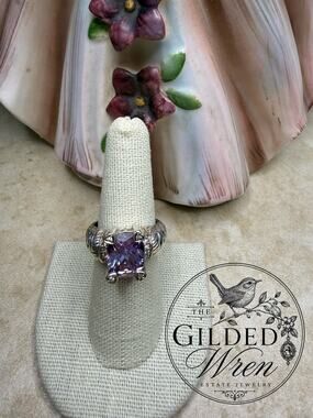 Jean Rachel Sterling Silver Lavender CZ Radiant Ring Sz 8 Fish Scale Hearts 7g